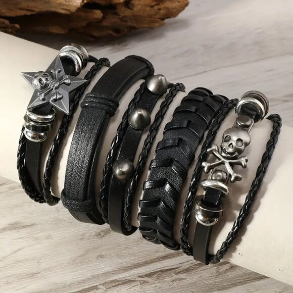 Leather Bracelet Cuff 5pc Black Skull Bullet Wrist Rock Edgy Goth Grunge Biker - Picture 3 of 4